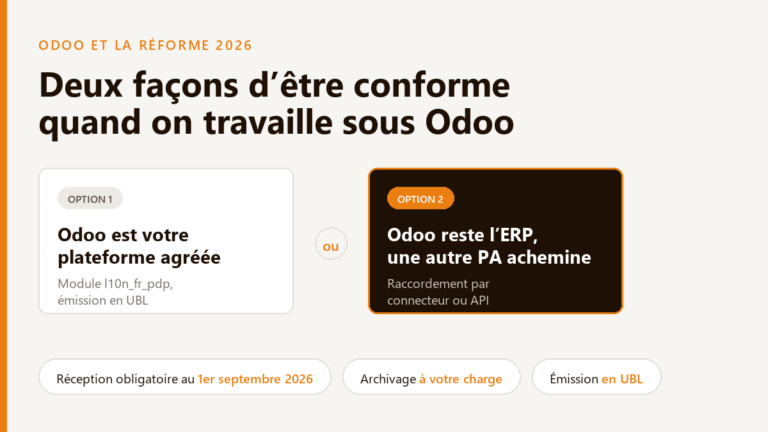 Deux façons d'être conforme à la facturation électronique avec Odoo : Odoo comme plateforme agréée via le module l10n_fr_pdp, ou Odoo conservé comme ERP et raccordé à une autre plateforme agréée
